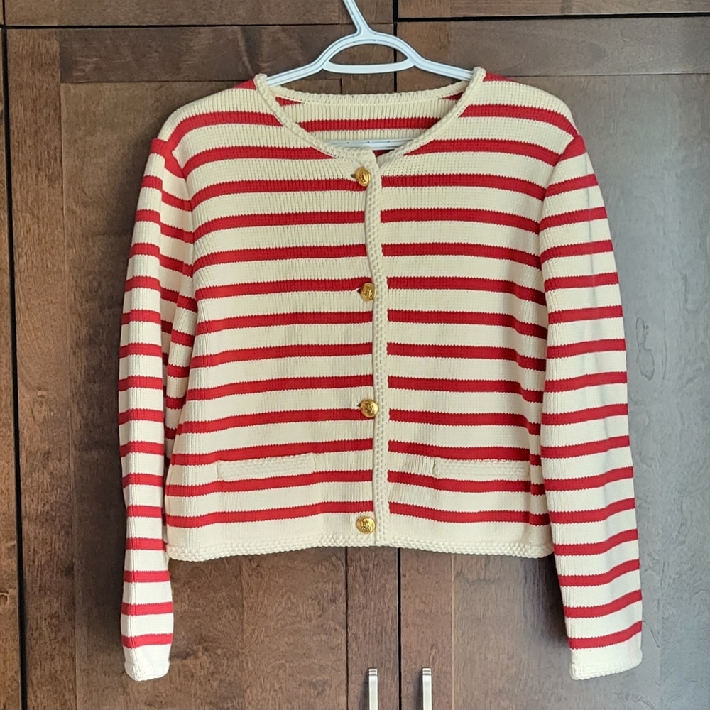 100% Cotton Superb Quality Luxurious Red and White Striped Cardigan Heavy & Warm - Picture 4 of 13